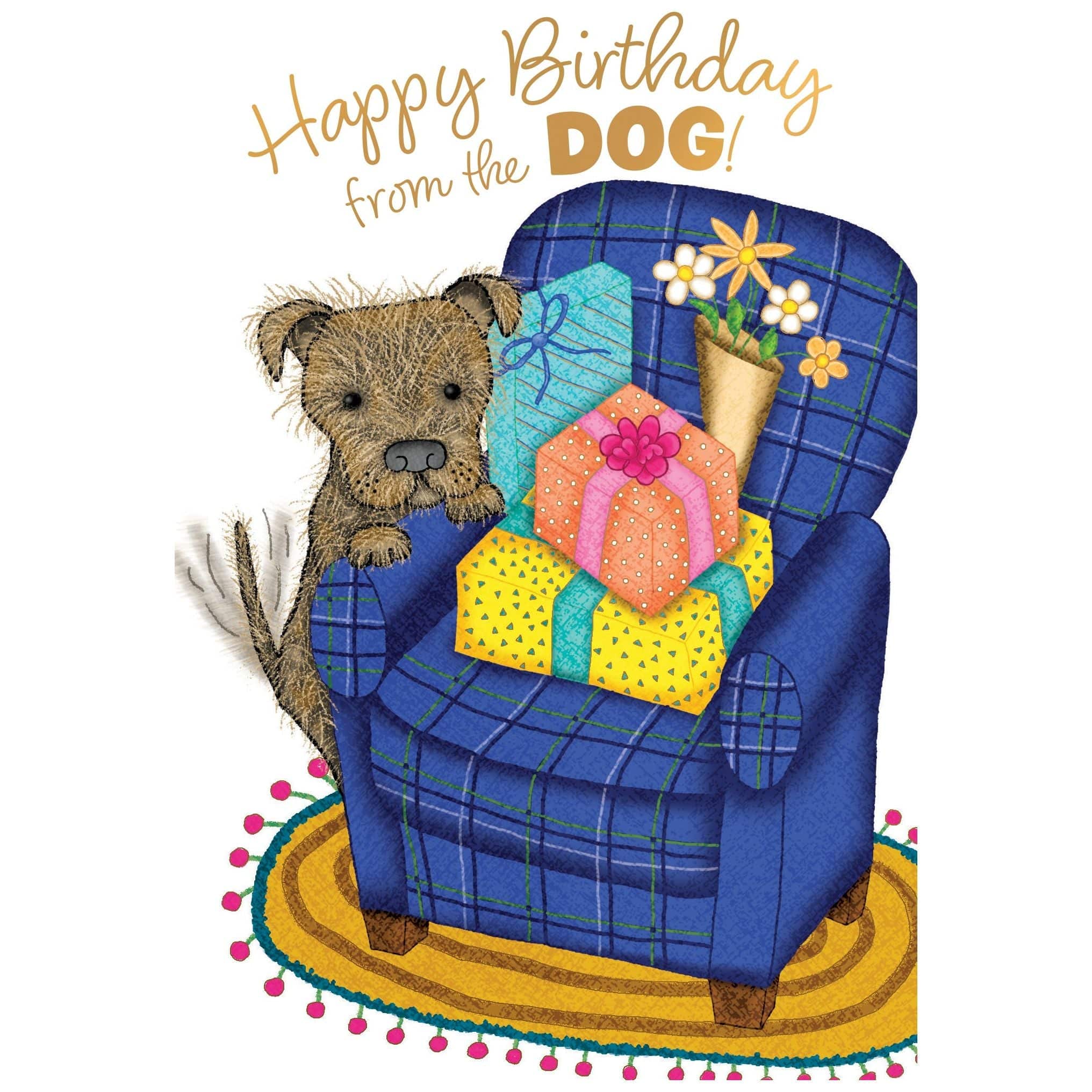 Cute dog holding presents birthday card from Pictura, featuring a cheerful dog illustration on an everyday greeting card.